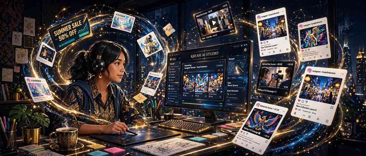 Kreator konten AI Indonesia berkarya di studio dengan berbagai konten melayang
